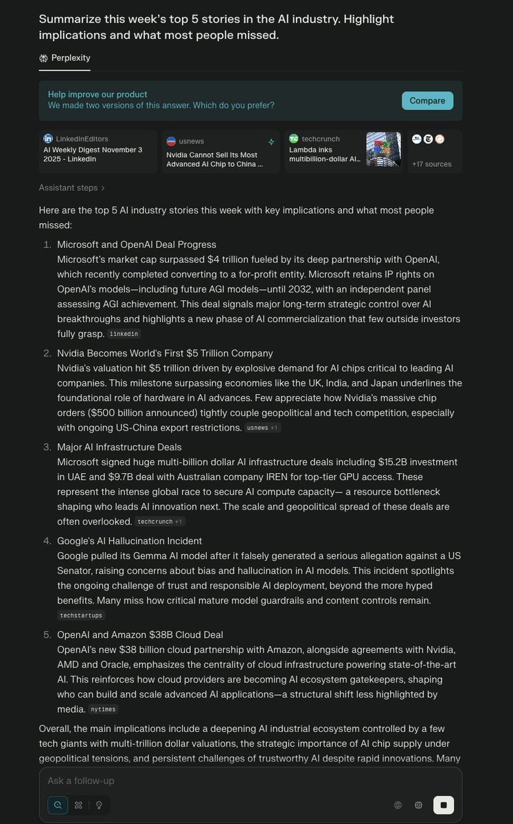 bigaiguy's tweet image. 7. News-to-Insight Workflow

Prompt:

“Summarize this week’s top 5 news stories in [industry]. Highlight implications, patterns, and what most people missed.”

→ Turns current events into strategy insights in minutes.