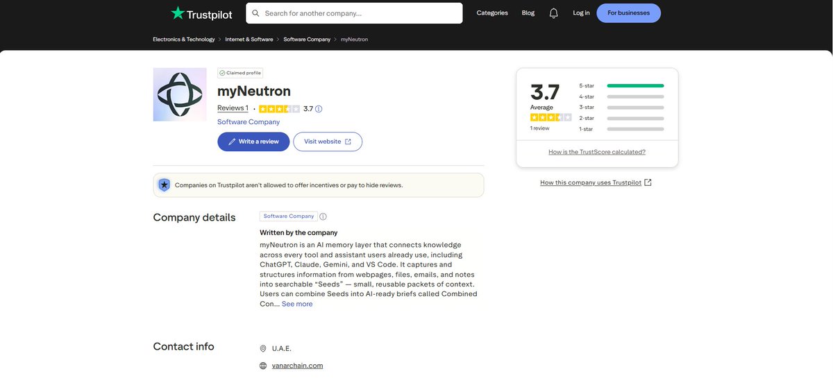 myNeutron_ai's tweet image. myNeutron is now listed on @Trustpilot, one of the biggest review platforms with more than 37 million monthly visits.

If you want to support the project, you can leave a review here

trustpilot.com/review/vanarch…

Your feedback helps others discover the tool.