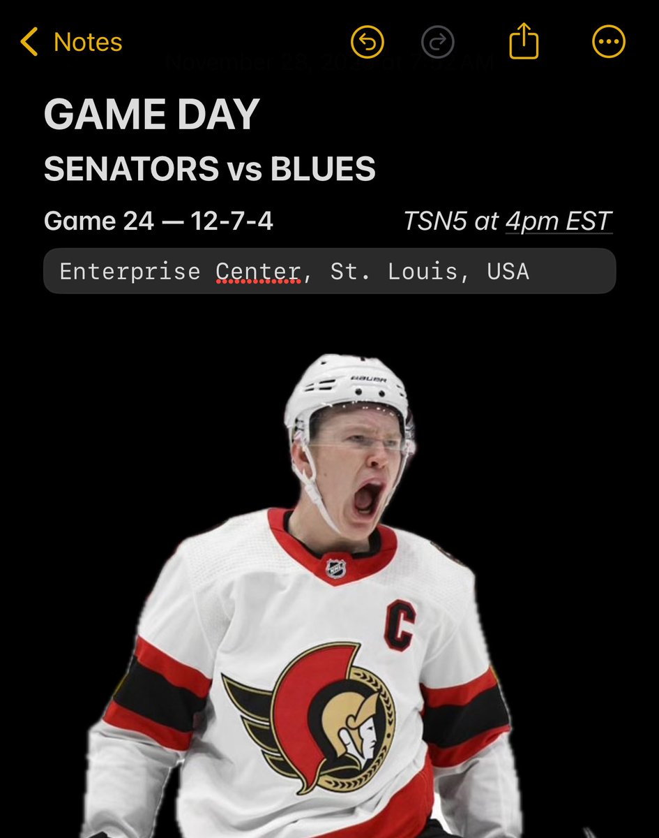Senators Game Day Poster 24/82 — Senators vs Blues

Brady is back! But I’m helping my buddy move today, so I’ve got no time so it’s a notes app poster.