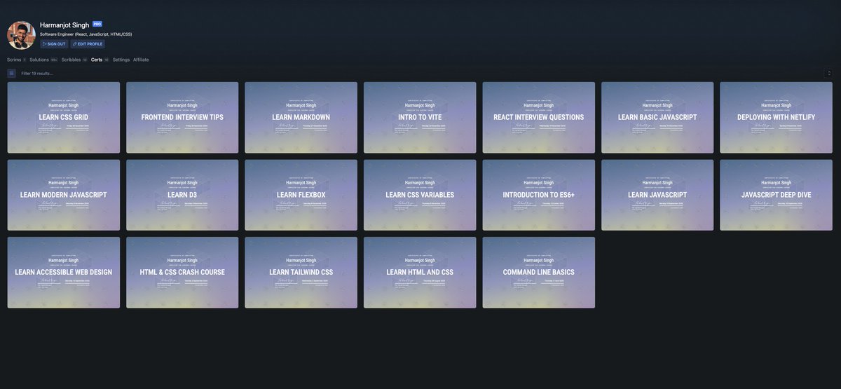 codeharmann's tweet image. 😭 One step closer to my goal of getting hired at MAANG!

I&apos;ve completed 19 certifications, with 88 more to go from @scrimba, and 1 from HackerRank. I&apos;ve also built over 47 projects.

Here&apos;s a summary of my progress, listed from most to least important:

- Frontend path: 52%
-…
