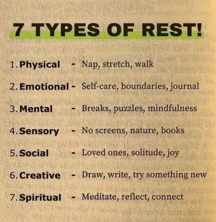 YadavCharu28's tweet image. 7️⃣ 07 TYPES OF REST!* 🫠 ------

🙋🏻‍♀️ *Which one do you need the most?*

👍 *Physical:* Nap, stretch, walk

❤️ *Emotional:* Self-care, boundaries, journal

🙏🏻 *Mental:* Breaks, puzzles, mindfulness

😑 *Sensory:* No screens, nature, books

😎 *Social:* Loved ones, solitude, joy

🫶…