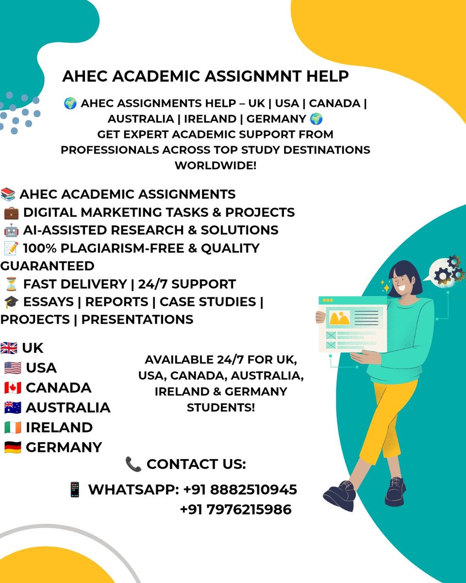 Assignment4_you's tweet image. AHEC helps students worldwide with expert academic guidance — essay to presentation, project to dissertation.
Study smart. Deliver excellence. Aim higher. ☁️✨

🌍 UK | USA | Canada | Australia | Ireland | Germany
⏳ Fast Delivery | 🤖 AI-Assisted | 🛡 100% Plagiarism-Free.