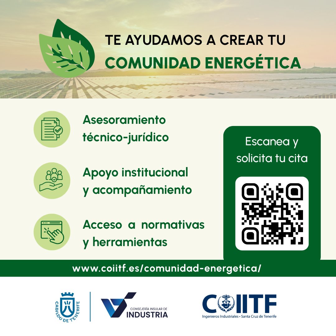 En colaboración con el Cabildo de Tenerife y su Consejería de Industria, ponemos a disposición de ayuntamientos y asociaciones vecinales asesoramiento técnico-jurídico para la creación de Comunidades Energéticas.

Solicita tu cita aquí 👉 coiitf.es/comunidad-ener…