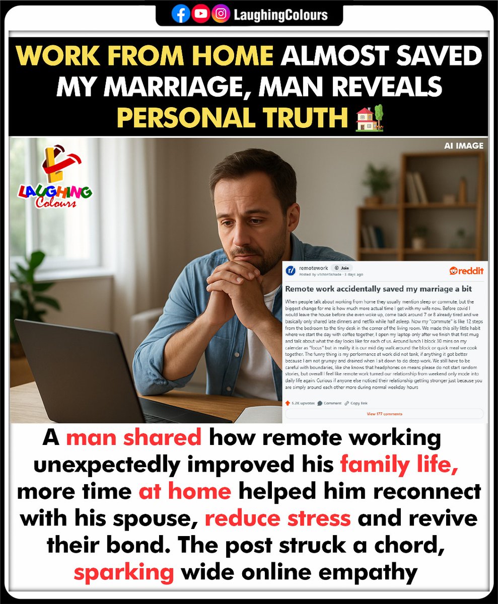 LaughingColours's tweet image. Wfh helps revive marriage 🏡

#WorkFromHome #FamilyLife #RelationshipGoals #StressRelief #ModernLife #ViralStory