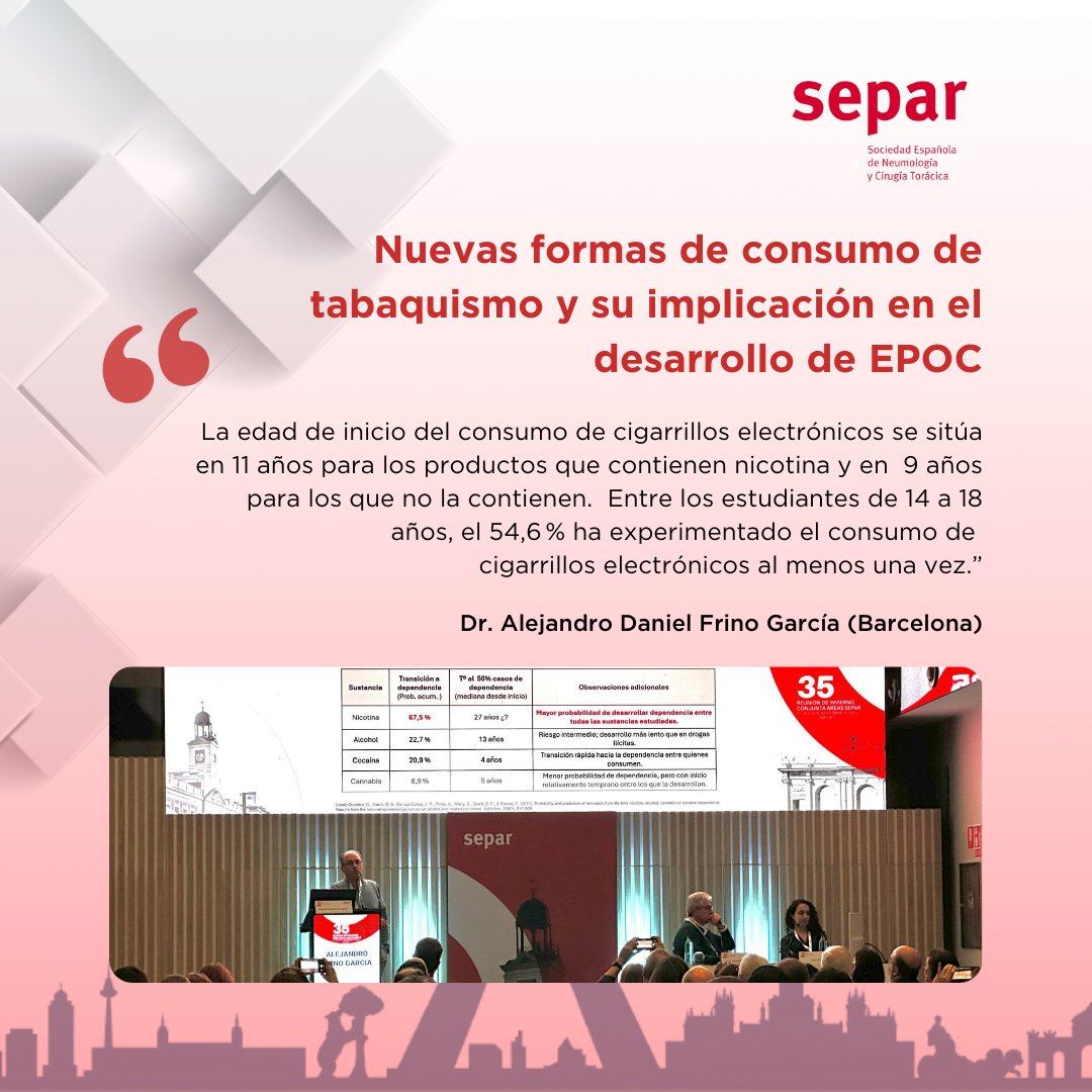🔎 Analizamos las 'Nuevas formas de consumo de tabaco y su implicación en el desarrollo de EPOC' junto al Dr. Alejandro Frino, en la sesión conjunta de EPOC y <a href="/tabaquismosepar/">Tabaquismo SEPAR</a>.

#35ReuniondeInvierno #SEPAR