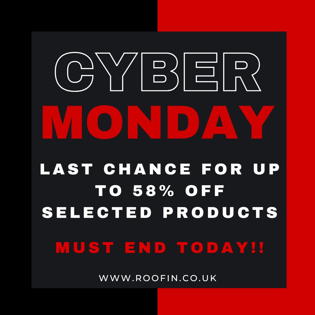 CYBER MONDAY ALERT! 📢

Up to 58% OFF selected products ends TONIGHT! 🔥

This is your LAST CHANCE to shop our Black Friday deals. Don't wait!

SHOP NOW: roofin.co.uk/product-catego…

#CyberMonday #SaleEndsTonight #BlackFridayDeals #ShopNow #BuildingMaterials #RoofingSupplies
