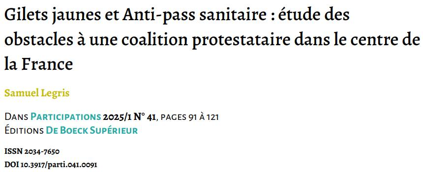 SamuelLegris's tweet photo. 🔴 Mon article « Gilets jaunes et ­­Anti-­­pass sanitaire : étude des obstacles à une coalition protestataire dans le centre de la France » vient de paraître dans le dernier numéro de la revue « Participations ».
👉 Il est disponible sur @Cairninfo : 
https://t.co/S4B4EvqaJ8 https://t.co/bFyn7QYK1x