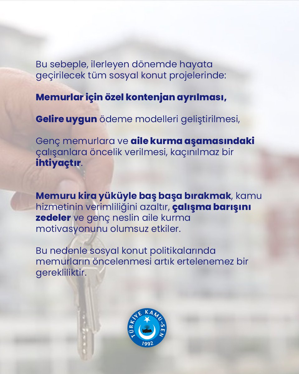 500.000 Konut Projesinde neden memur da olmalı?

500 bin konutluk Ev Sahipliği Projesi kapsamında memurlar için ayrı bir kontenjan oluşturulması yönündeki başvurumuzu ilgili makamlara iletmiş bulunuyoruz. Büyükşehirlerde hızla artan kira yükü nedeniyle memurların barınma sorunu