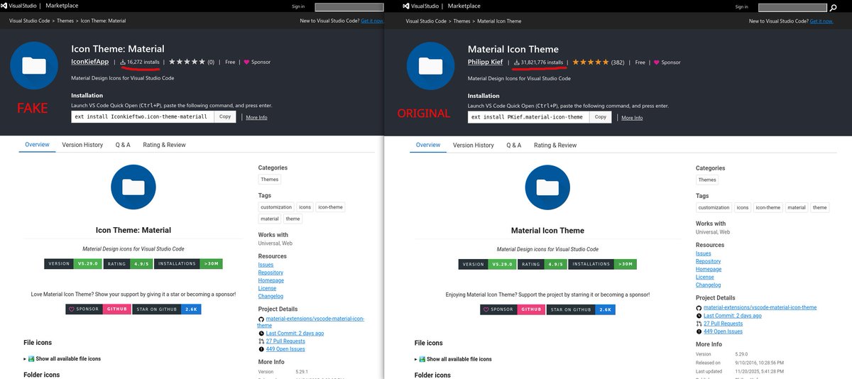 nextronresearch's tweet image. We spotted a malicious #VSCode (@code)  extension today in our artifact-scanning pipeline. It appeared under a name that tries to pass itself off as the popular Material Icon Theme.

A new 5.29.1 version was pushed today (28.11., 11:34) and the update contains two Rust implants –…
