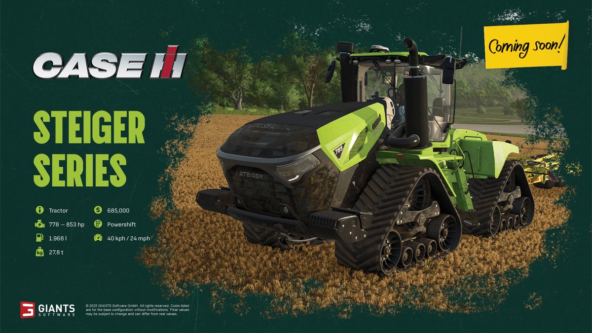 🌾 FS25 Content Update 4 brings the mighty John Deere 9RX 830 &amp; the powerful CASE IH Steiger Series, coming soon! 🚜
With up to 913 hp, Powershift transmission, 1,952 liters of fuel, the 9RX is built for the toughest fieldwork. The CASE Steiger Series delivers legendary