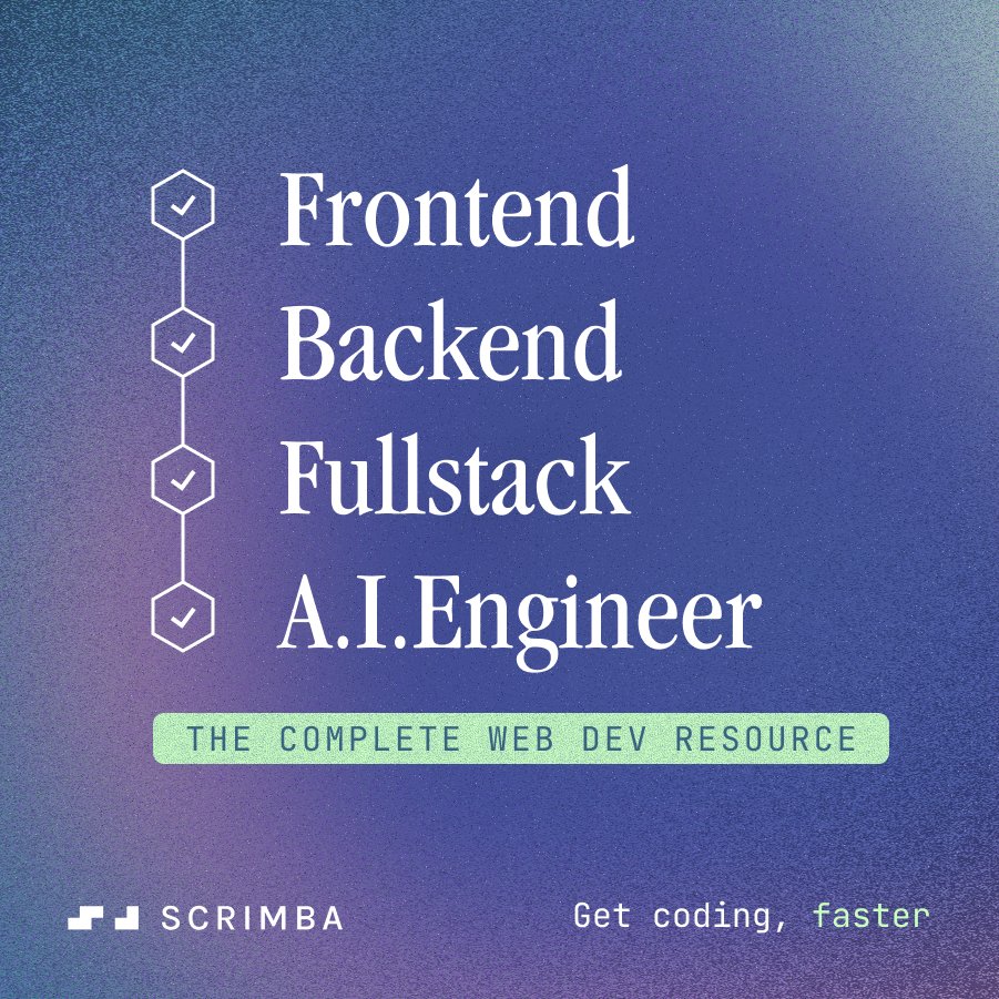 Did you know that Scrimba now covers the entire web dev journey – Frontend, Backend, Fullstack, and AI Engineering?

All our courses are hands-on, project-based, and self-paced, using our unique scrim tech designed to get you coding faster.

👉 scrimba.com/courses