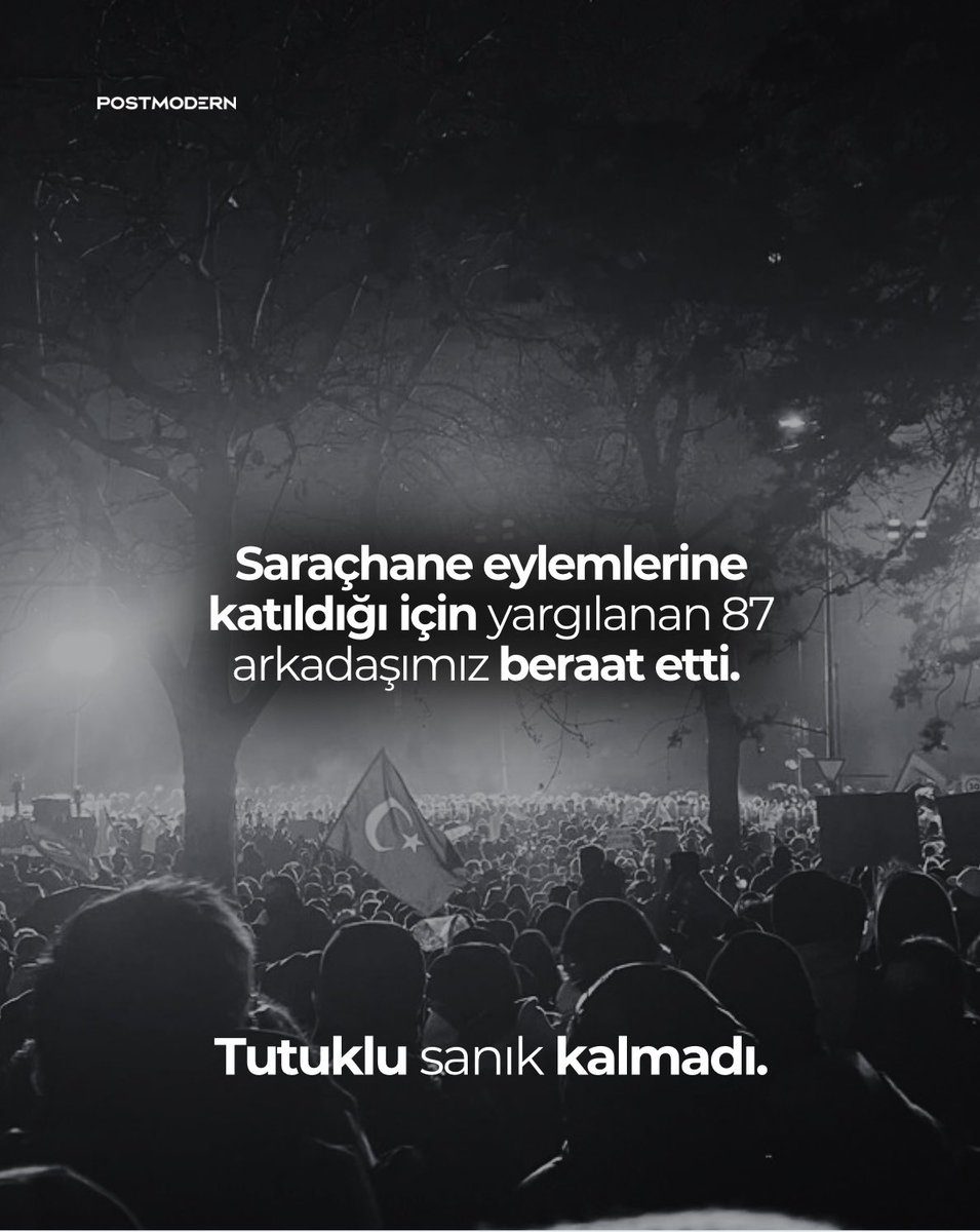 TÜM ARKADAŞLARIMIZ BERAAT ETTİ • Saraçhane eylemlerine katıldığı için yargılanan tüm arkadaşlarımız beraat etti. 

Savcı, sanıkların eylemlerinin “ifade, düşünce ve toplantı-gösteri hakkı kapsamında kaldığını” belirterek suç unsuru oluşmadığı için beraat istedi. 

Mahkeme,