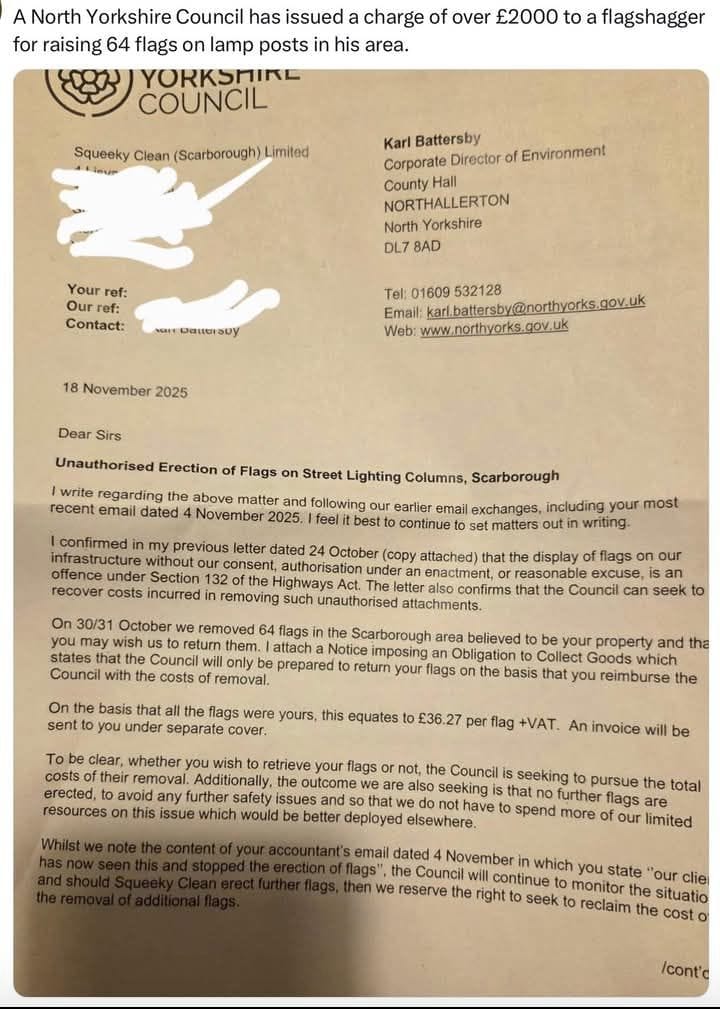 Nah, this letter absolutely slaps 😂

Flag shagger gets charged £36 per flag for them to be removed 

Every single fucking council needs to be doing this