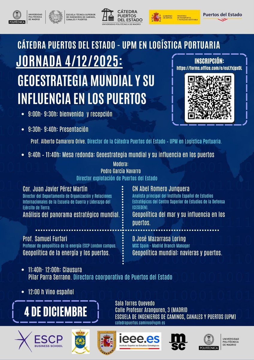 🌍⚓ ¿Cómo está cambiando la geoestrategia mundial y cómo afecta en los puertos?

Apúntate a la jornada de la Cátedra <a href="/PuertosEstado/">Puertos del Estado</a> – <a href="/La_UPM/">Universidad Politécnica de Madrid</a> en Logística Portuaria con expertos de primer nivel.

🗓️ 4/12
🕑 De 9:30 a 12:00
👉 Inscripción gratuita: forms.office.com/Pages/Response…