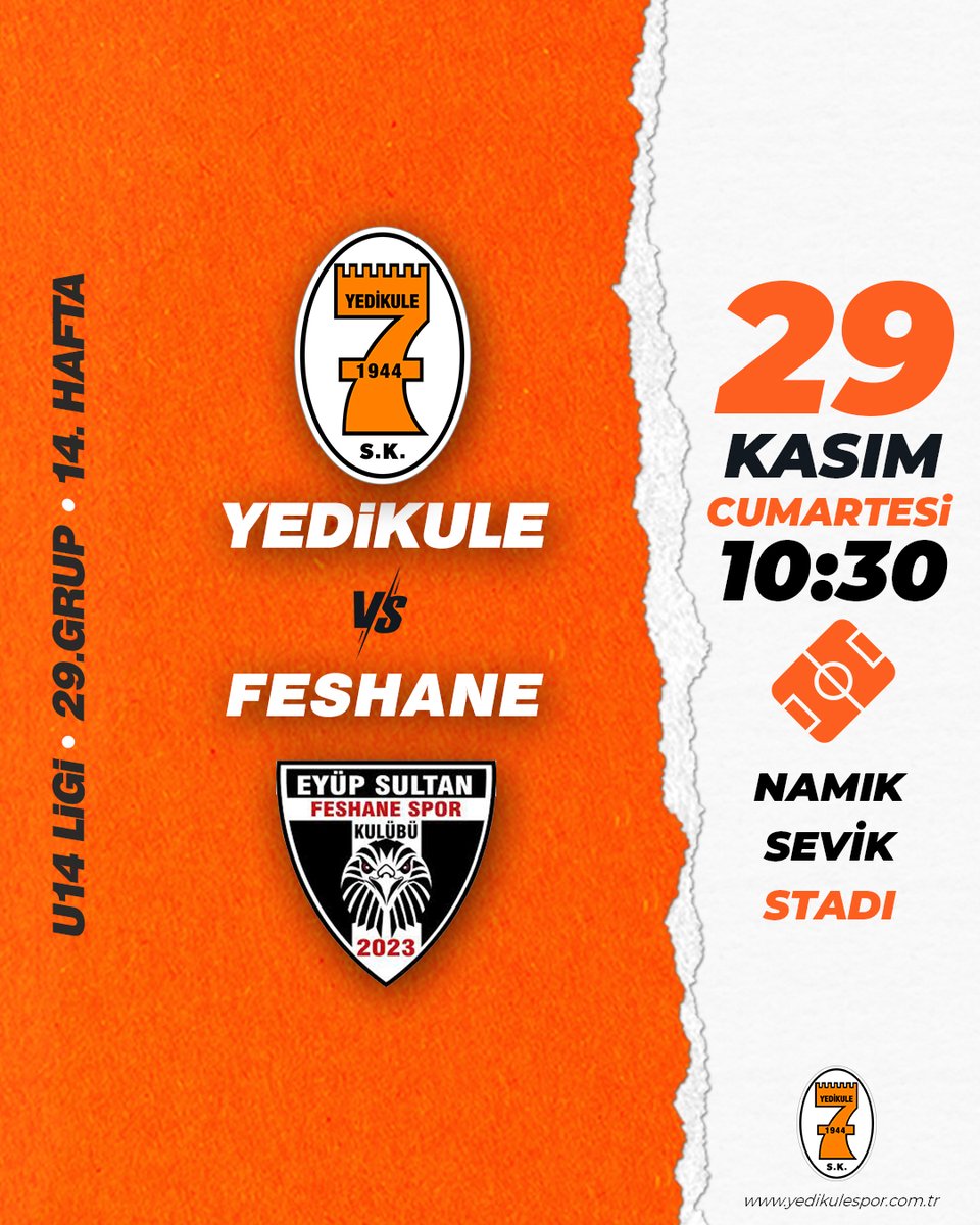 U14 ligi son hafta maçımız, 29 Kasım Cumartesi günü, Eyüpsultan Feshane spor ile Namık Sevik Stadında oynanacaktır. Sporcularımıza başarılar diliyoruz. 🟠⚪️
#YedikuleninÇocukları