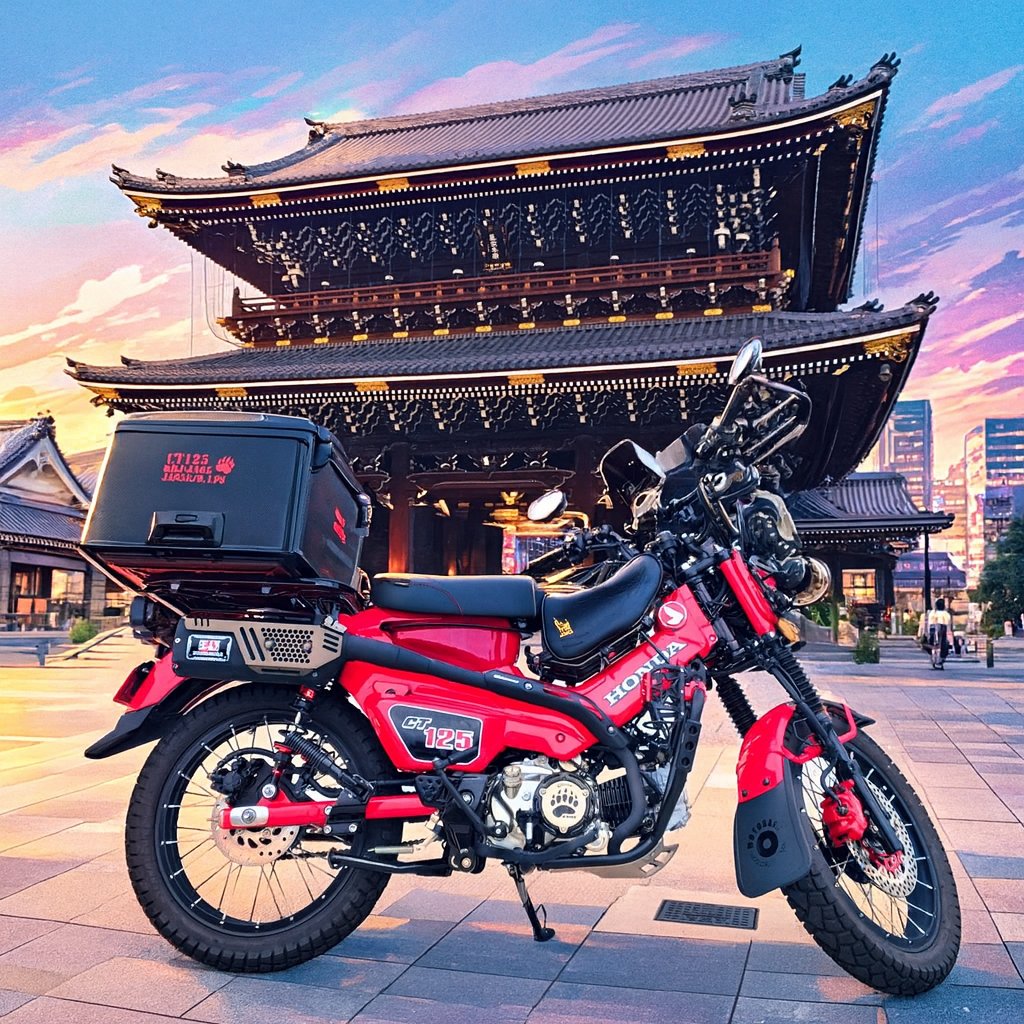 加工してみた。
最近C125ばかりだったので、この画像見てたらCT125も乗りたくなってきた。
来年の奈良カブミーティングは日程が合う事を願う。

来週からめっちゃ寒くなるらしいから、日中の暖かいタイミングを見て、少しでもCT125を乗ろうと今は思っている。

#CT125
#ハンターカブ
#kyoto
#cub