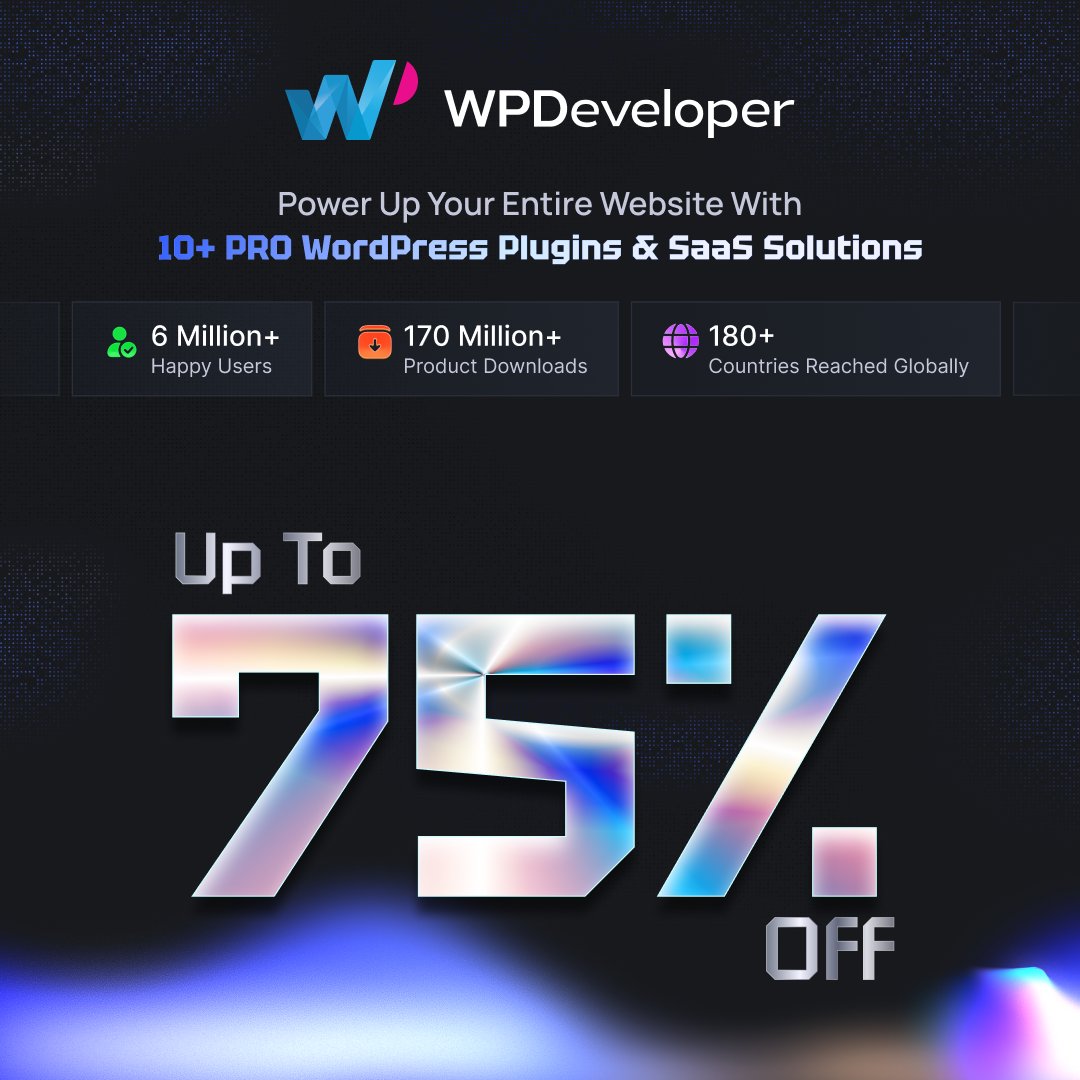 WPDevTeam's tweet image. 🛍️ [Black Friday Deal] Save up to 75% on 10+ WordPress &amp;amp; SaaS tools from WPDeveloper 🚀 

From AI-powered Gutenberg blocks to Elementor elements, website automation, and faster hosting — these tools will help you scale your business.

Check comments. 👇

#BlackFriday #WPDeveloper