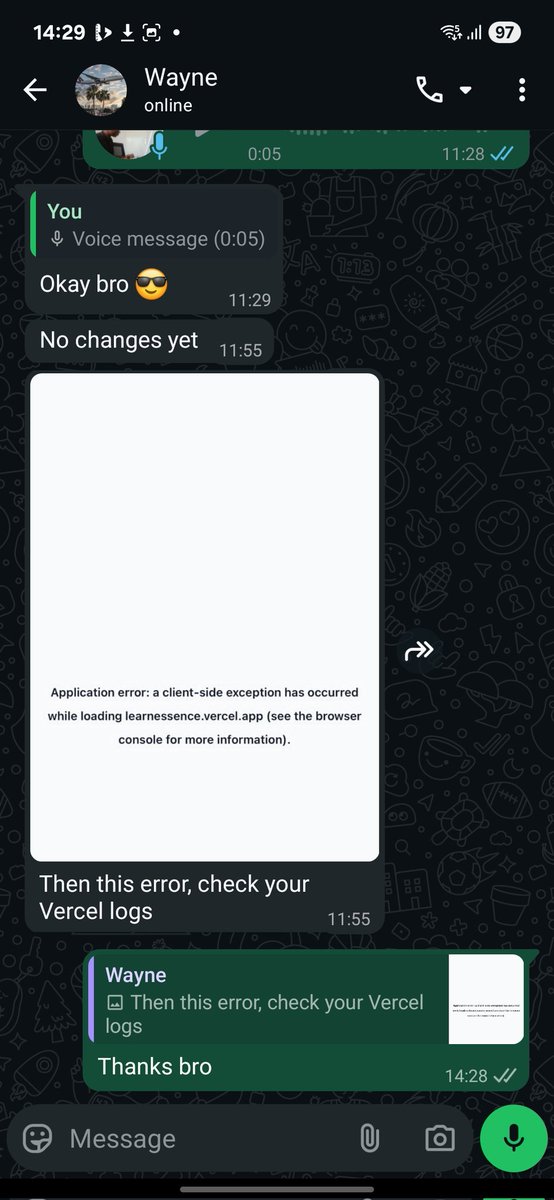 codewithkin's tweet image. Today, I deployed LearnEssence into production

15 errors, 20 failed deployments, 4 bugs

The guys I got to test it couldn&apos;t log jn correctly, the responsiveness sucked and they had a lot of feedback

I calmed down, took a deep breath, made a prayer and fixed every error, every…