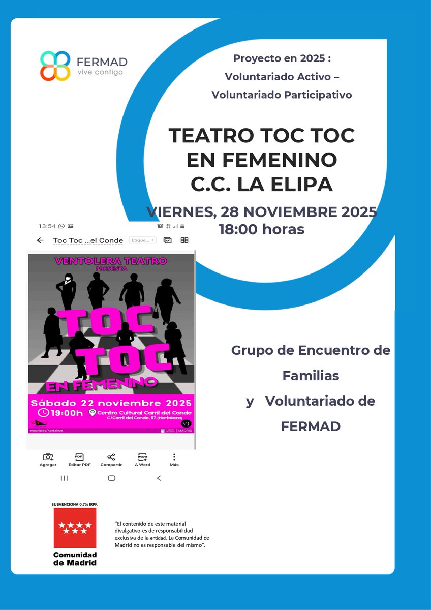 Esta tarde volvemos a Encontrarnos para disfrutar del Teatro en Femenino de  #laVentolera Las Familias y Voluntariado de #FERMAD VIVE CONTIGO