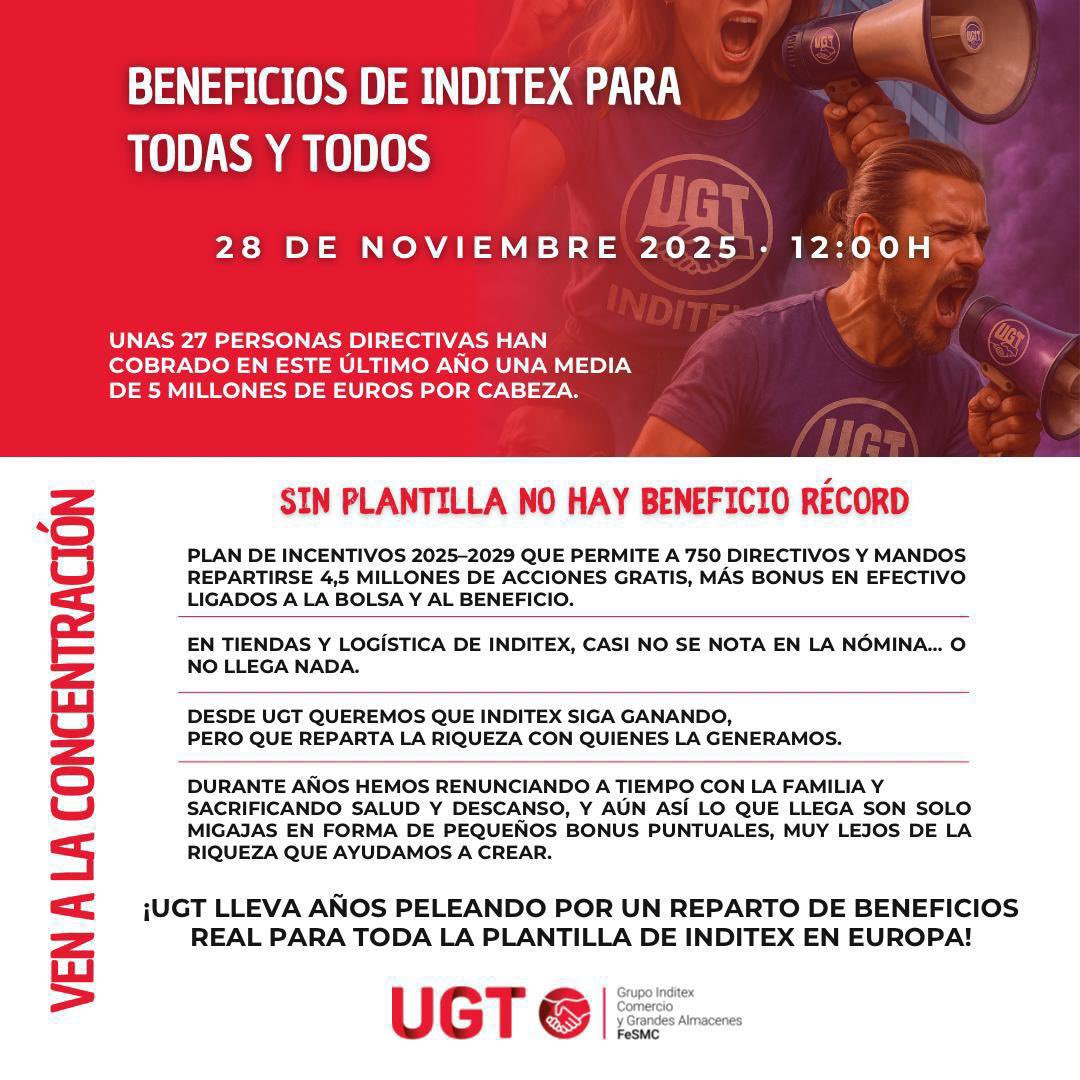 Hoy nos hemos manifestado porque ya está bien: 

💰Los beneficios récord para unos pocos y migajas para quienes levantamos INDITEX cada día. 

✅La riqueza se reparte, no se regala. ✊🏼