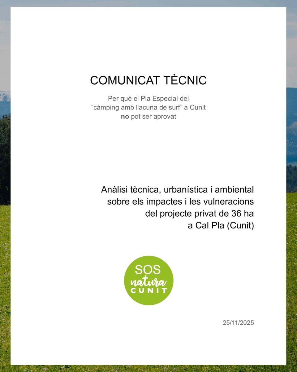 sosnaturacunit's tweet image. Defensem Cal Pla
Avui Urbanisme decideix sobre el macroprojecte de càmping i piscina d’onades que amenaça 36 ha de sòl agrícola i forestal.

📎 Comunicat tècnic: drive.google.com/file/d/1vOWkS6…

📢 Xerrades: 29/11 i 6/12
✊ Manifestació: 7/12, 12 h

#SalvemCalPla #Cunit #SOSNaturaCunit