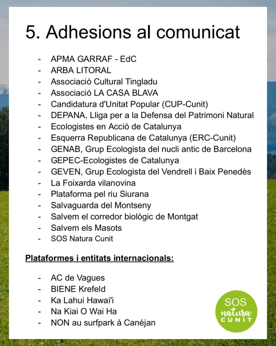 sosnaturacunit's tweet image. Defensem Cal Pla
Avui Urbanisme decideix sobre el macroprojecte de càmping i piscina d’onades que amenaça 36 ha de sòl agrícola i forestal.

📎 Comunicat tècnic: drive.google.com/file/d/1vOWkS6…

📢 Xerrades: 29/11 i 6/12
✊ Manifestació: 7/12, 12 h

#SalvemCalPla #Cunit #SOSNaturaCunit