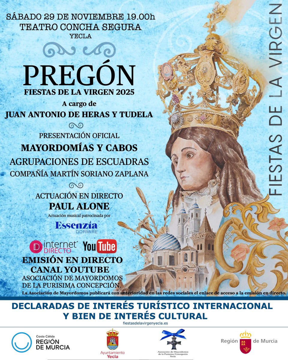 PREGÓN FIESTAS DE LA VIRGEN 2025.

📆 Sábado 29 de noviembre.
📍Teatro Concha Segura.
🕖 A las 19:00 horas.

📜 Pregón a cargo de Juan Antonio de Heras y Tudela.

📽️ El acto se podrá seguir en directo en streeaming, pinchando en el siguiente enlace:
➡️ youtube.com/watch?v=9NyQUU…