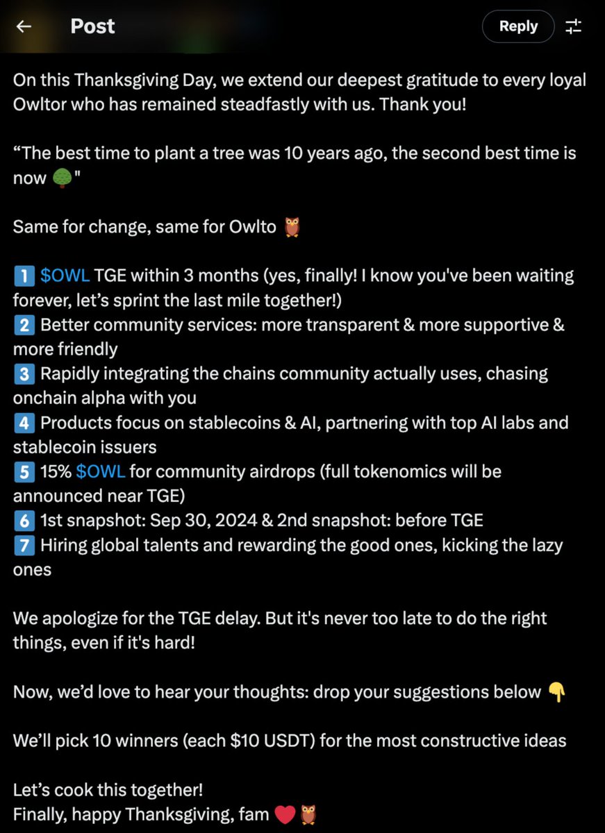 Owlto TGE Timeframe Announced! 🪂

The <a href="/Owlto_Finance/">Owlto Finance(🦉💛🦉)</a> TGE and the community airdrop allocation for $OWL have now been confirmed:

‣ $OWL TGE: Within the next 3 months
‣ Community airdrop allocation: 15% of total supply

The first snapshot was taken on Sept 30, 2024, and a