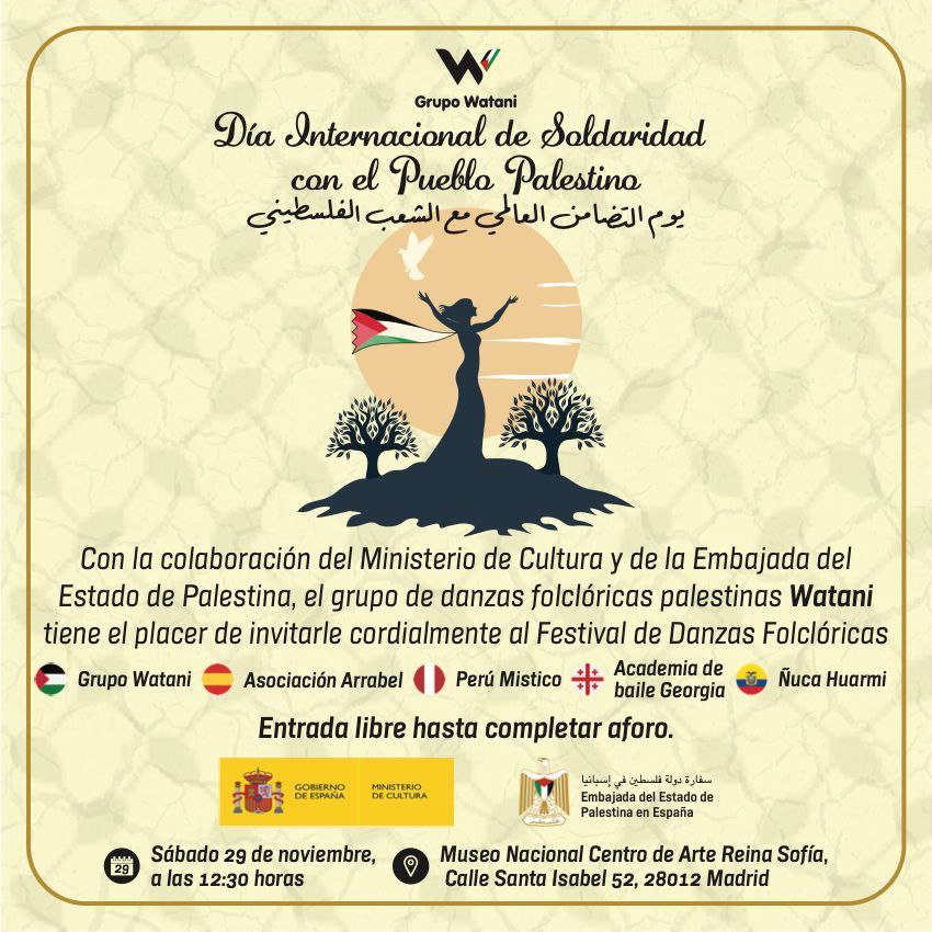 culturagob's tweet photo. Celebra el Día Internacional de Solidaridad con el Pueblo Palestino con el Festival de Danzas Folklóricas

Un evento que promueve el diálogo intercultural, dedicado a tradiciones de Palestina,  España, Ecuador, Georgia y Perú

📆 29 de noviembre
⏰️ 12.30h
📍 @museoreinasofia https://t.co/3Xj5Hg9rVy