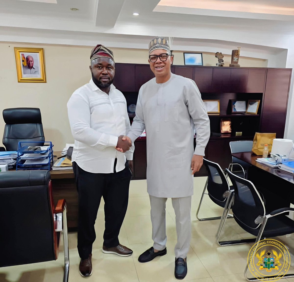 The Savannah Regional Minister, Hon. Salisu Be-Awuribe, paid a courtesy call on the Managing Director of the Ghana Water Company Limited (GWCL), Hon. Adam Mutawakilu, to deepen collaboration on improving water supply across the Savannah Region.
