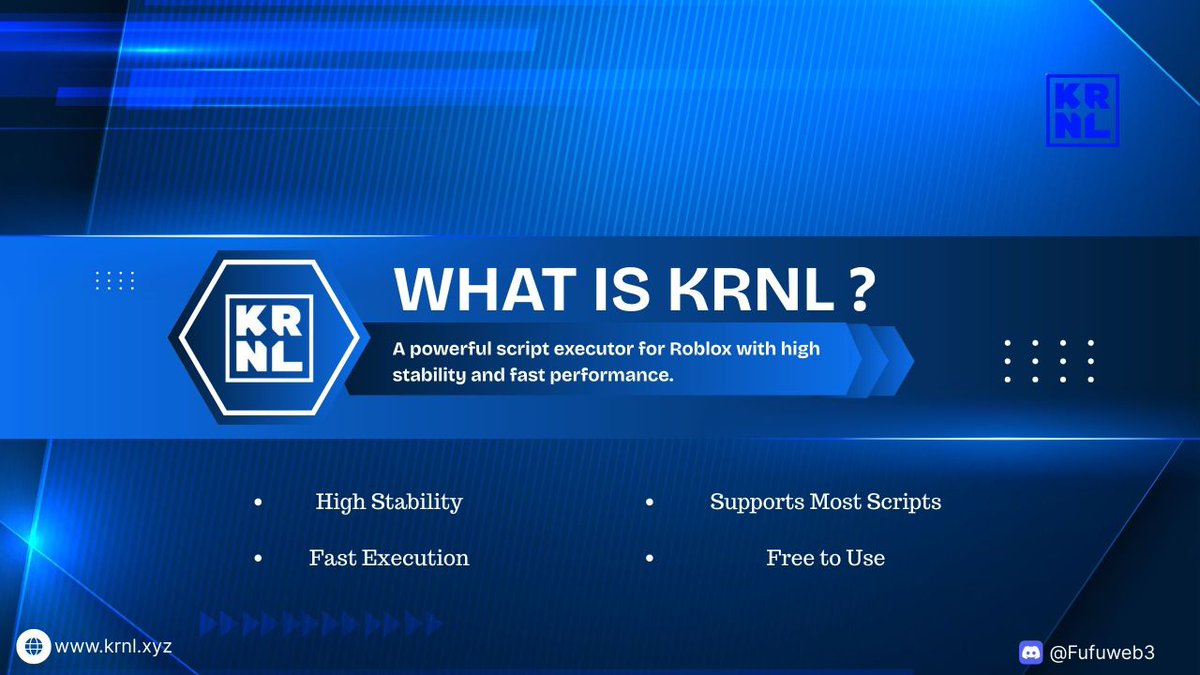 fufuweb3's tweet image. @KRNL_xyz 

🚀 What Is KRNL?

Here’s a quick breakdown of one of the most stable and fast Roblox script executors out there.

High performance, wide script support, and completely free. 🔥

Get started 
👉🏽 discord.gg/EJdJexNCH

#KRNL #RobloxScripts #RobloxExecutor #RobloxMods
