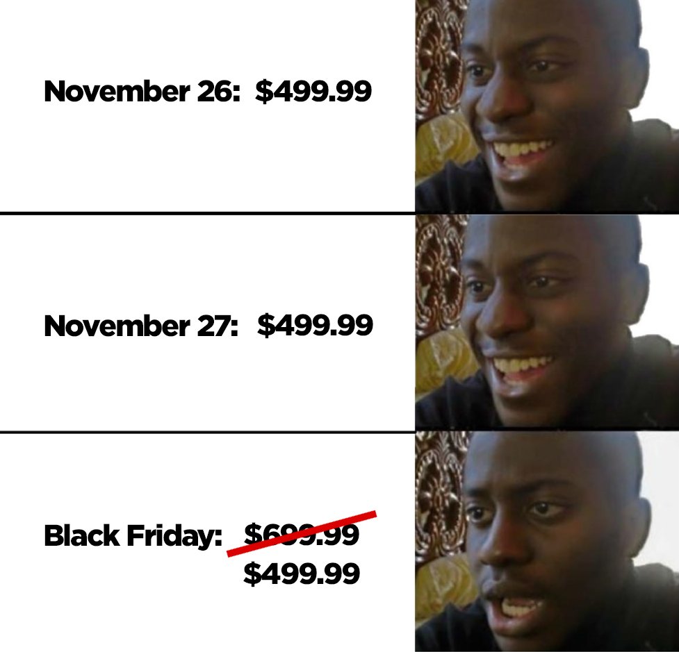 CompBureau's tweet photo. If the deal isn’t real, it’s illegal. 🤔

This #BlackFriday, we’re warning businesses that it’s against the law to claim something is on sale when it’s based on an inflated “regular price”.

Learn more about fake sales and how to report them: https://t.co/lgD4GbHrCf https://t.co/vnEET6nu4q
