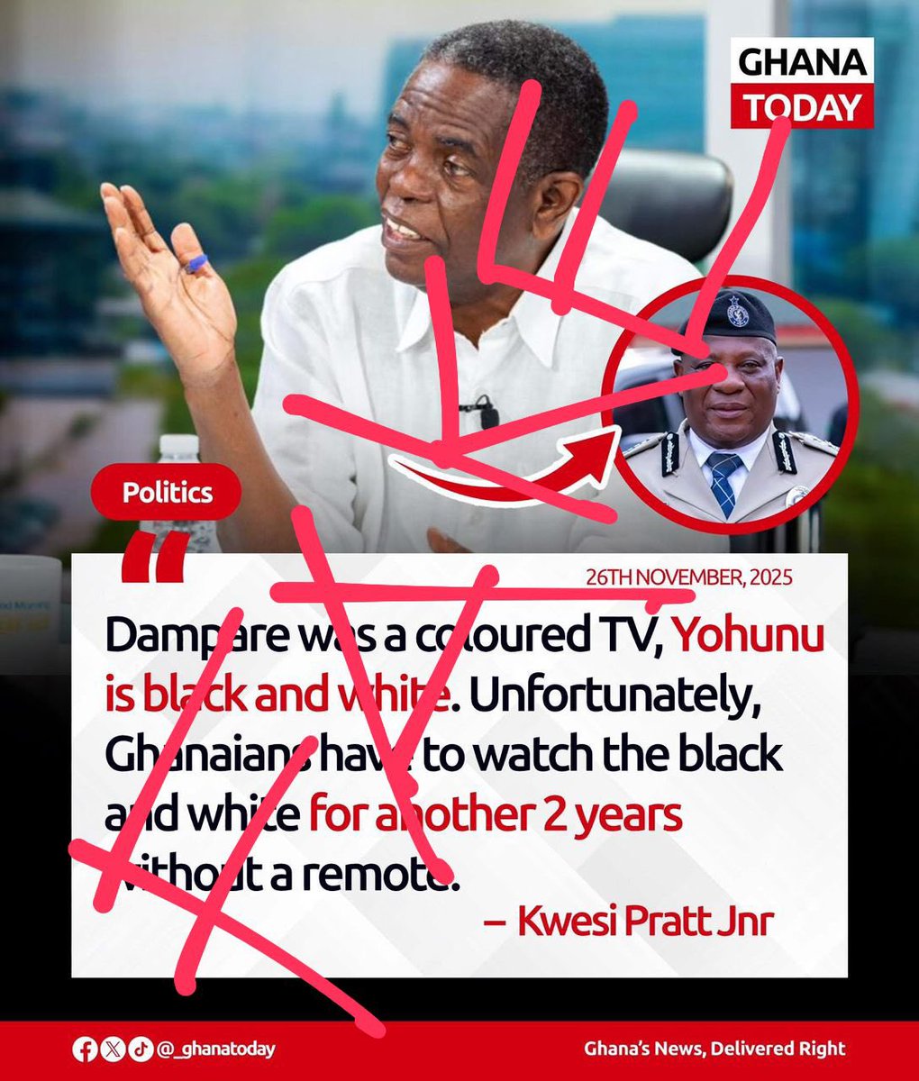 kwesiprattjr's tweet photo. #SHOCK
I was really shocked when a friend sent the post below to me on “Ghana Today”.
“Dampare was a coloured TV, Yohunu is black and white. Unfortunately, Ghanaians have to watch the black and white for another 2 years without a remote - Kwesi Pratt, Jnr”. 
Why would anybody do this? Fabricate words and put them in my mouth. 
I say emphatically that I have not made these statements anywhere and the post should be ignored.
I have a great deal of respect for both Dr. Dampare and IGP Yohunu.
