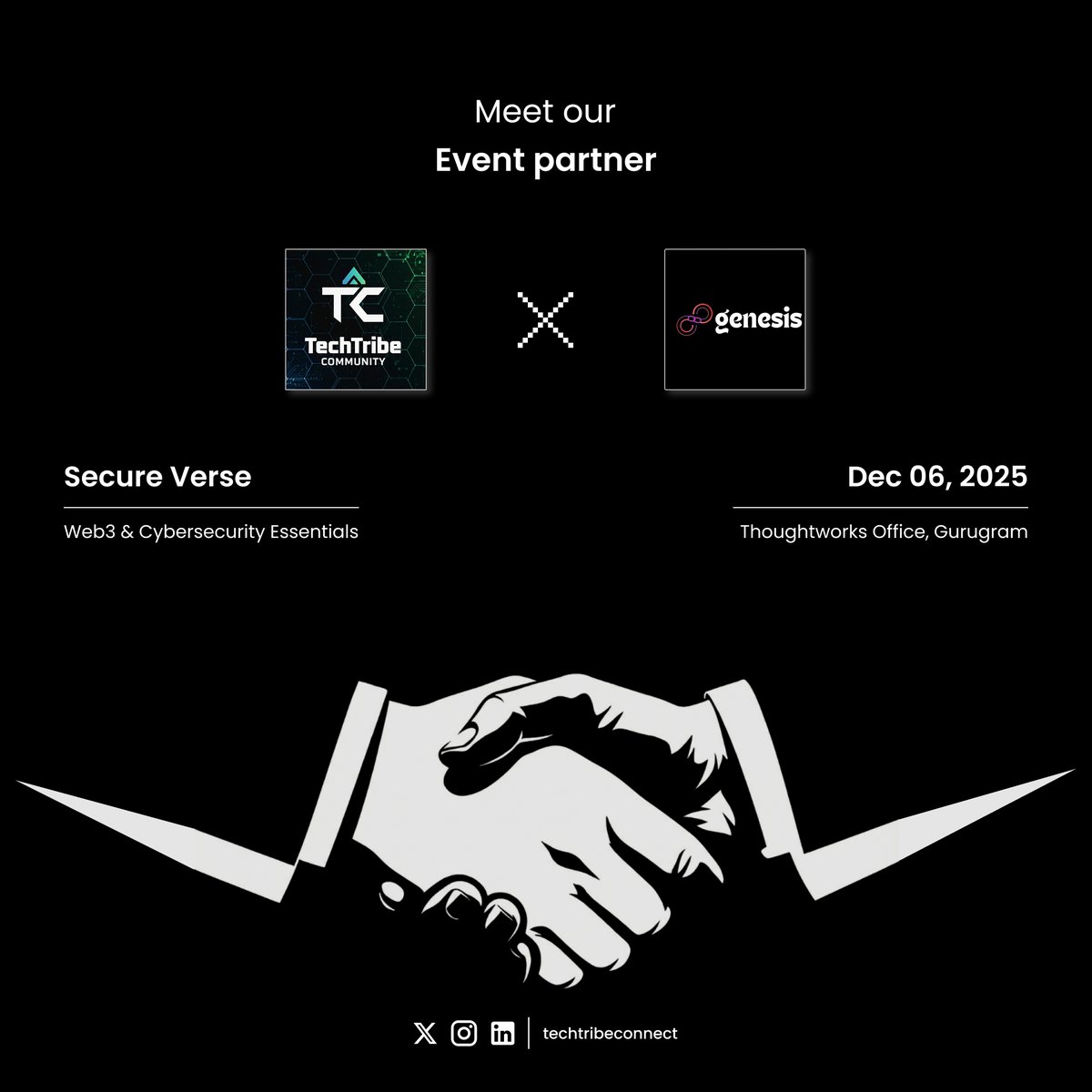 TechTribe_Com's tweet image. 🤝Meet Our Event Partner🤝

Thrilled to join hands with Genesis as our Event Partner! Together, we&apos;re bringing you Secure Verse: Web3 &amp;amp; Cybersecurity Essentials! 🔒🌐

🗓️ Date: 6 December 2025
📍 Venue: ThoughtWorks, Gurgaon
🕒 Time: 9:30 AM – 4:00 PM
#CommunityConnect #TechEvent