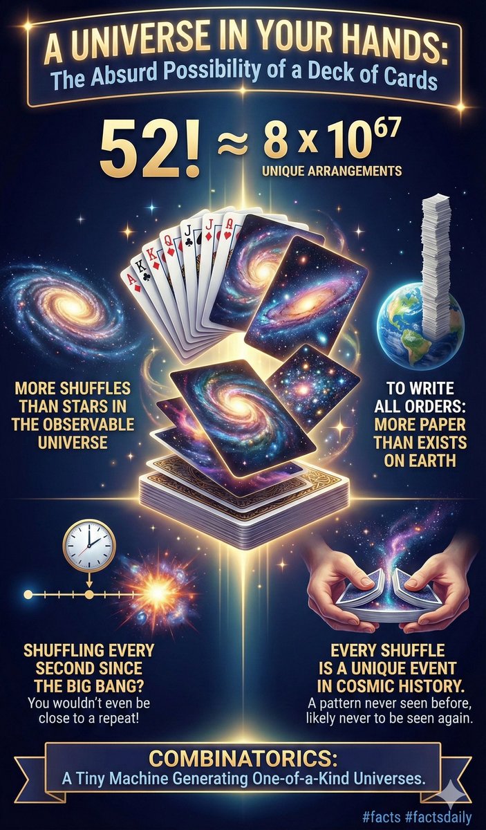 TechAnd_Science's tweet image. What this really means is that an ordinary deck of cards hides an absurd amount of possibility. Every shuffle is a unique arrangement in the history of the universe, a pattern no one has ever seen and will almost certainly never see again. If you wrote out all possible orders you…