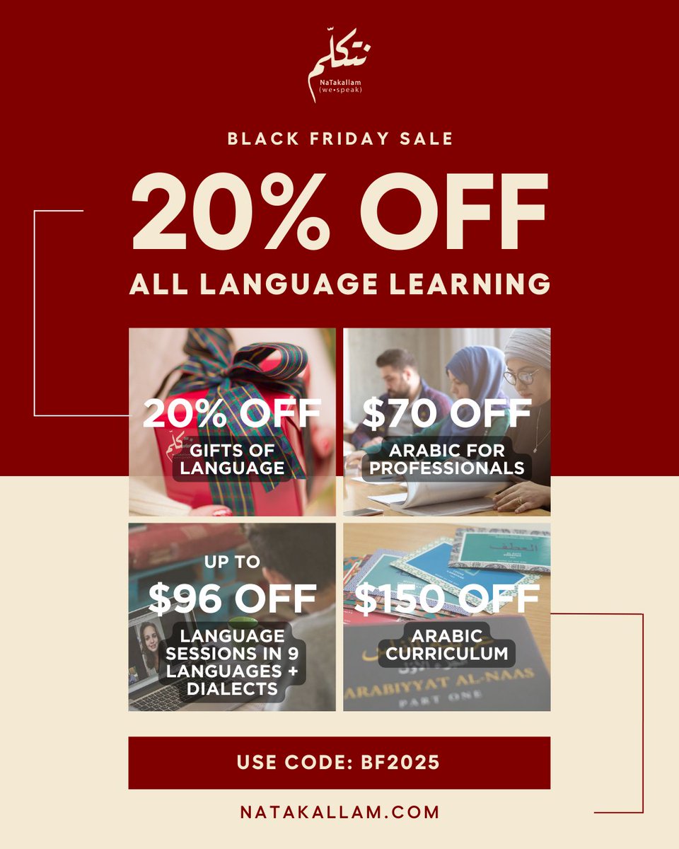 Black Friday with impact – for yourself and others…

✅ 𝟮𝟬% 𝗢𝗙𝗙 Language Sessions 
✅ $𝟳𝟬 𝗢𝗙𝗙 Arabic for Professionals
✅ $𝟭𝟱𝟬 𝗢𝗙𝗙 Integrated Arabic Curriculum
➕ Life-changing income for conflict-affected communities

🎫 Use code BF2025: natakallam.com/get-started-wi….