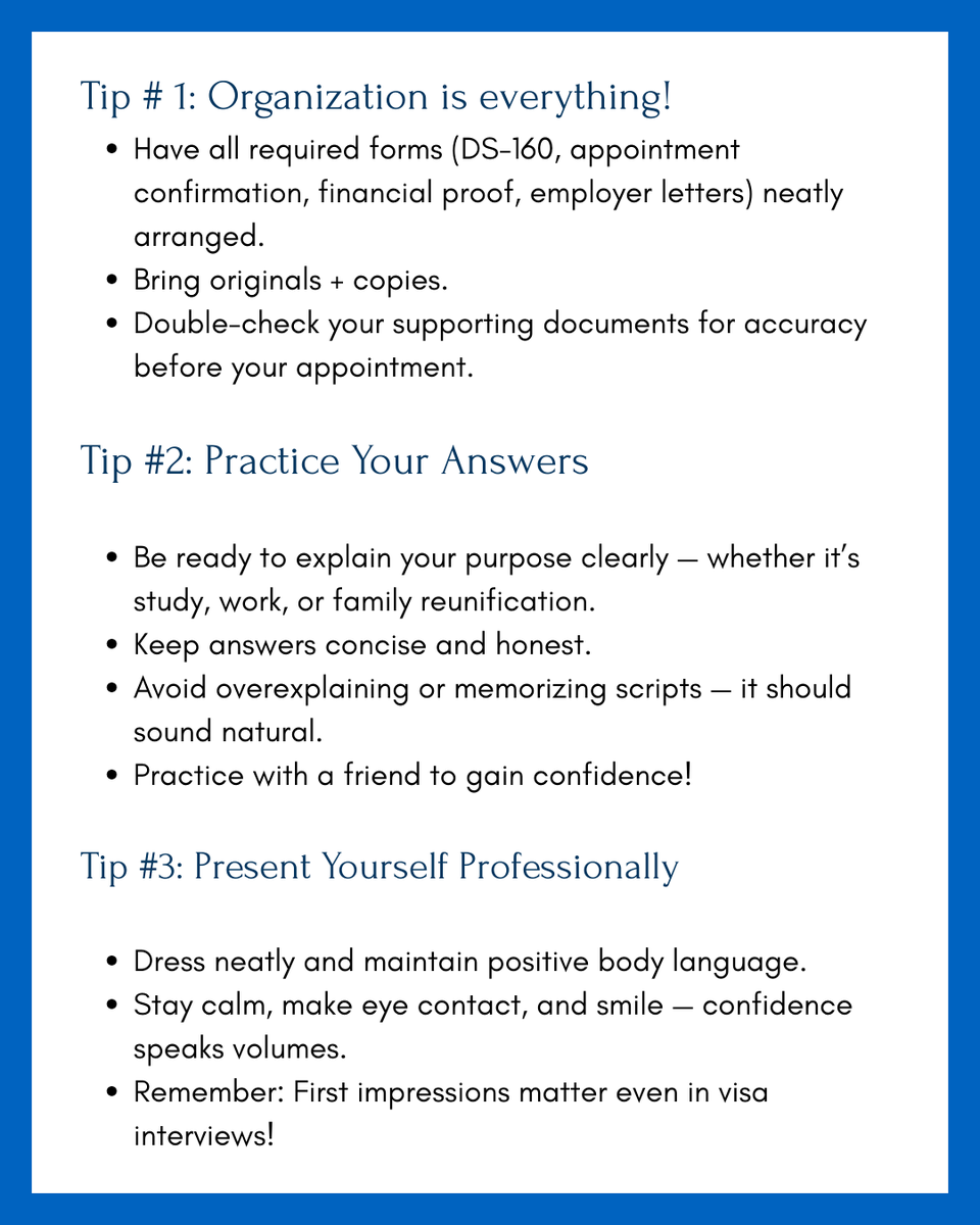 USA_Immig_Law's tweet image. A calm, confident applicant stands out more than a perfect one. Be prepared, stay honest, and let your story shine through.
💬 Have a question about interview prep?
Send us a message — we’ll help you prepare with confidence.
*Not a legal advice.
#VisaInterviewTips #USVisa