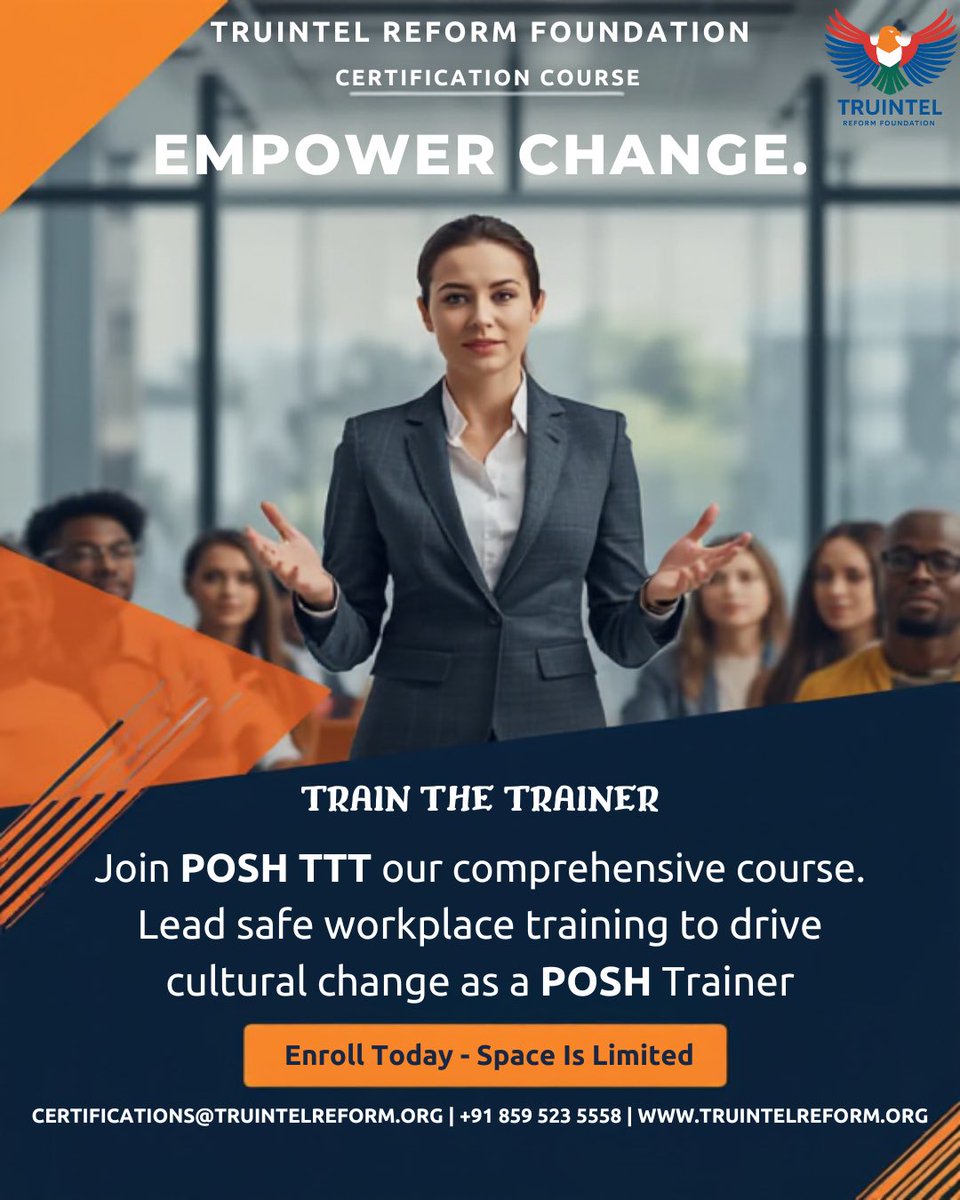 TruIntel_Reform's tweet image. Become a Certified POSH Trainer!
Lead safer, more inclusive workplaces with our POSH Train-the-Trainer certification.
Seats are limited — Enroll now.

📩 certifications@truintelreform.org
📞 +91 859 523 5558
🌐 truintelreform.org

#POSH #WorkplaceSafety #TTT #Training #women