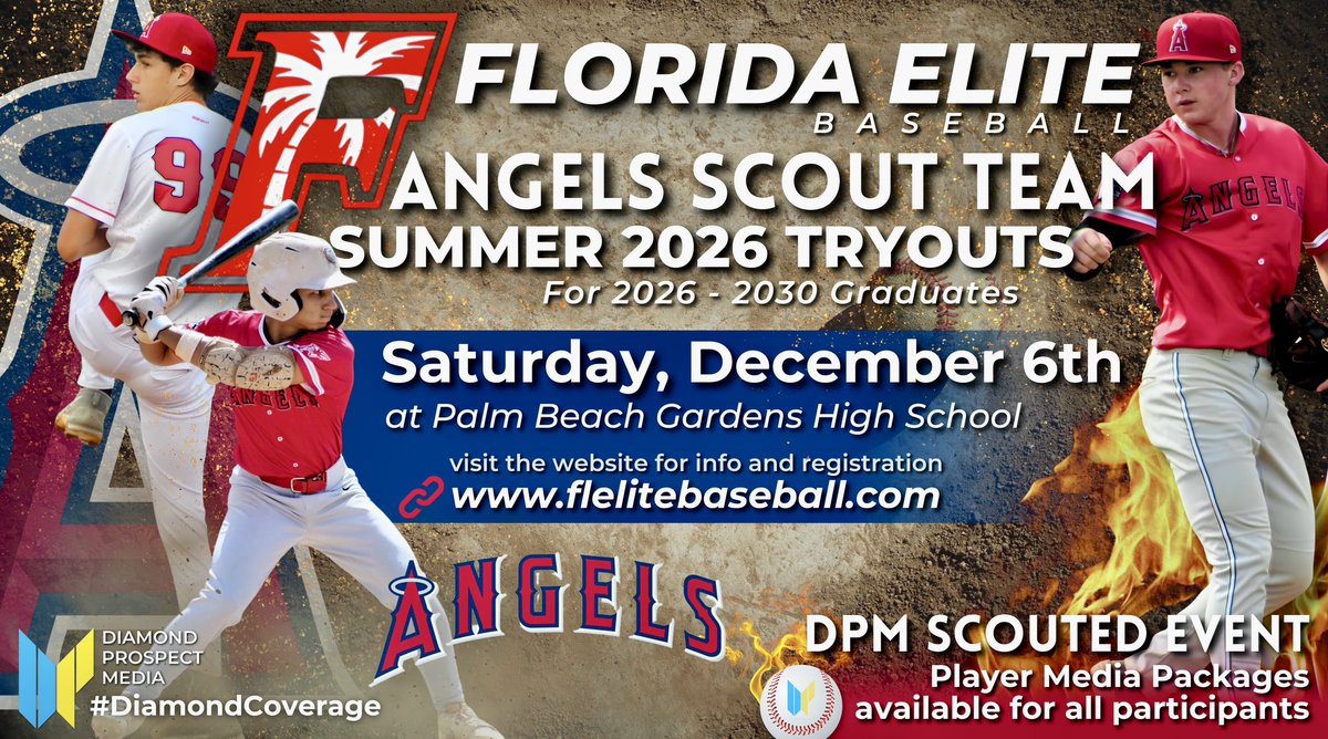 DiamondProMedia's tweet image. We’ll be in attendance next Saturday, December 6th for the @FLelitebaseball @Angels Scout Team Summer 2026 Tryouts! Plenty of #DiamondCoverage and player media packages will be available for all participants. The code DPM20 will take 20% off TODAY! Details diamondprospectmedia.com/eventsignups/f…