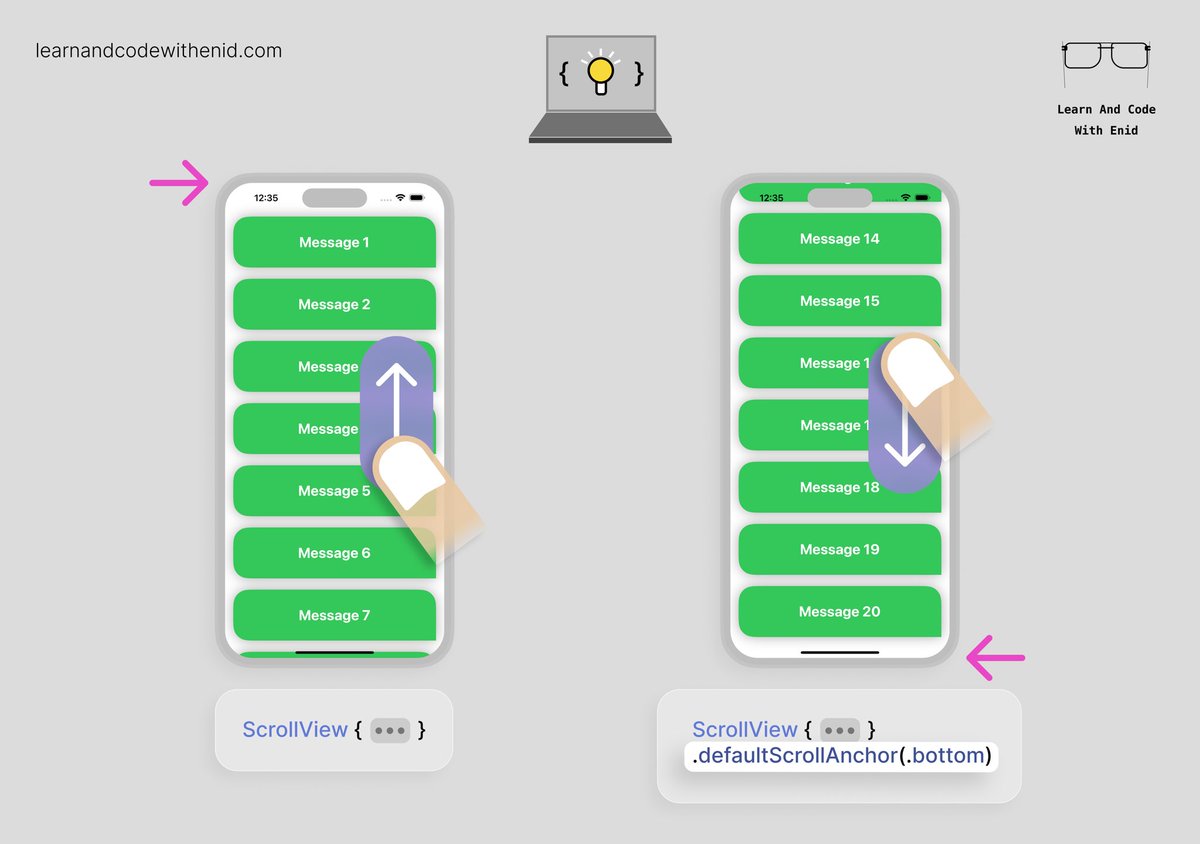 ios_dev_alb's tweet image. SwiftUI Tip 💡

In iOS 17+, you can choose where your scroll view starts scrolling from using defaultScrollAnchor().

For example, use .top to begin at the start, or .bottom to jump to the latest content - perfect for chat views or message feeds.

→ learnandcodewithenid.com