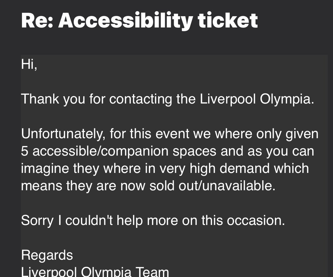 Lesleyincity's tweet image. @robbiewilliams just wanted to say how disappointing this is for us  with accessibility needs. Just 5 tickets issued. There was a queue of 86,000 trying to get tickets. Just 5 out of a capacity of 1,200 fans for Liverpool Olympia!!!! 
#disabilityproblems #ATGtickets