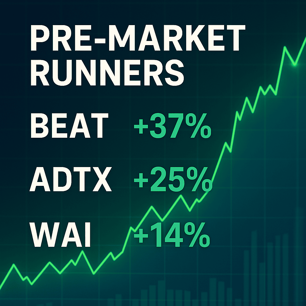 Pre-market runners: BEAT +37%, ADTX +25%, WAI +14%. Strong early moves with rising volume and momentum. Full SCN coverage throughout the day.
Comment "REPORT" for the guide.
smallcapnetwork.com/subscribe/
For immediate small cap news subscribe.
#PremarketRunners #SmallCaps #SCN #BEAT