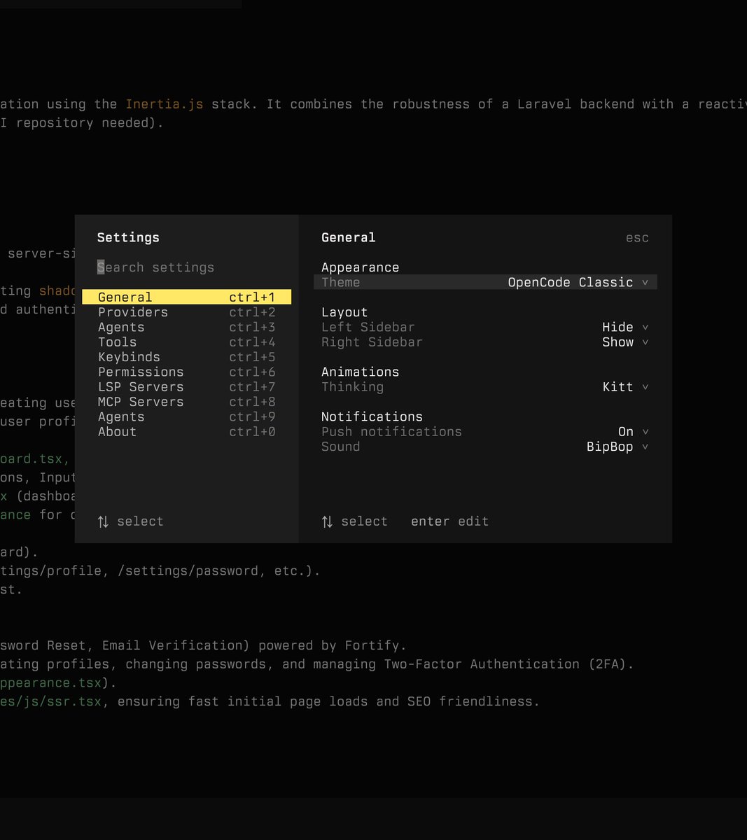 iamdavidhill's tweet image. very early explorations into what a settings experience could be like in the opencode tui

lots of little ux details to figure out

hit me up with settings/configuration suggestions
