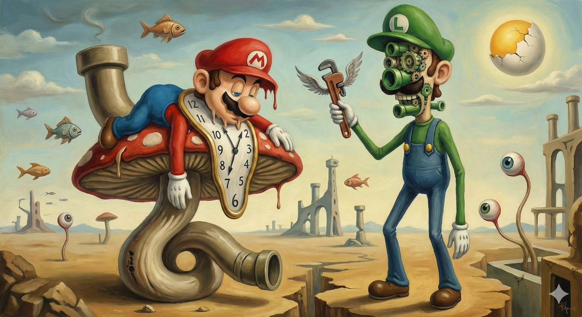 sbashwin's tweet photo. Surrealist Mario &amp; Luigi vibes 🤯

Been experimenting with Nano Banana on the Gemini 3 Pro model — seriously impressive results!

#mario #luigi #surrealism #nanobanana #Gemini3 https://t.co/eqolphLO1a