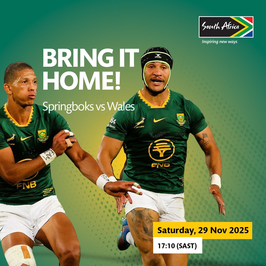 Brand_SA's tweet photo. Cancel your Saturday plans📣: the @Springboks team is going toe to toe with Wales at the Principality Stadium (17:10 SAST) for a showdown you don’t want to miss😁. Good luck to the boys! 💪🏉

#Springboks #SpringbokRugby #SARugby #Bokke #SouthAfricaVsWales #GoBokke https://t.co/gfRazsghbs