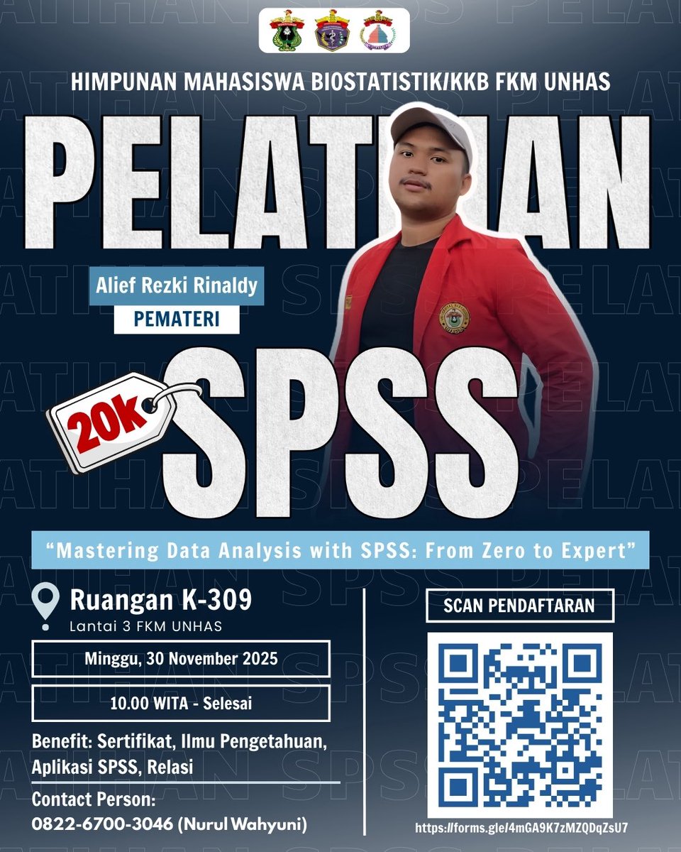 formakesmas_uh's tweet image. Siap tingkatkan skill analisis datamu? 📊
Himpunan Mahasiswa Biostatistika/KKB FKM Unhas menghadirkan Pelatihan SPSS dengan materi lengkap “Mastering Data Analysis with SPSS: From Zero to Expert”!