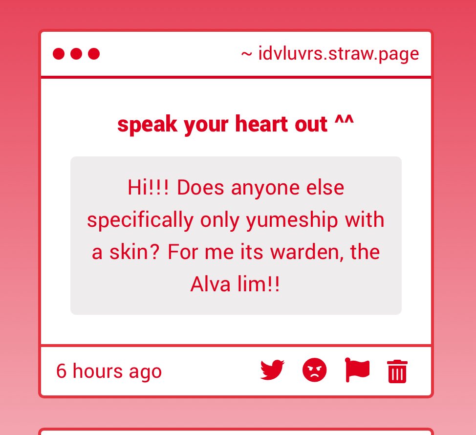 identity_luVrs's tweet image. 𓏲ּ𝄢  YUME QUESTION via luVr  𓏲ּ𝄢

ANY luVrs THAT YUME A SPECIFIC SKIN? (ex. warden)

⟢ link: idvluvrs.straw.page ⟢