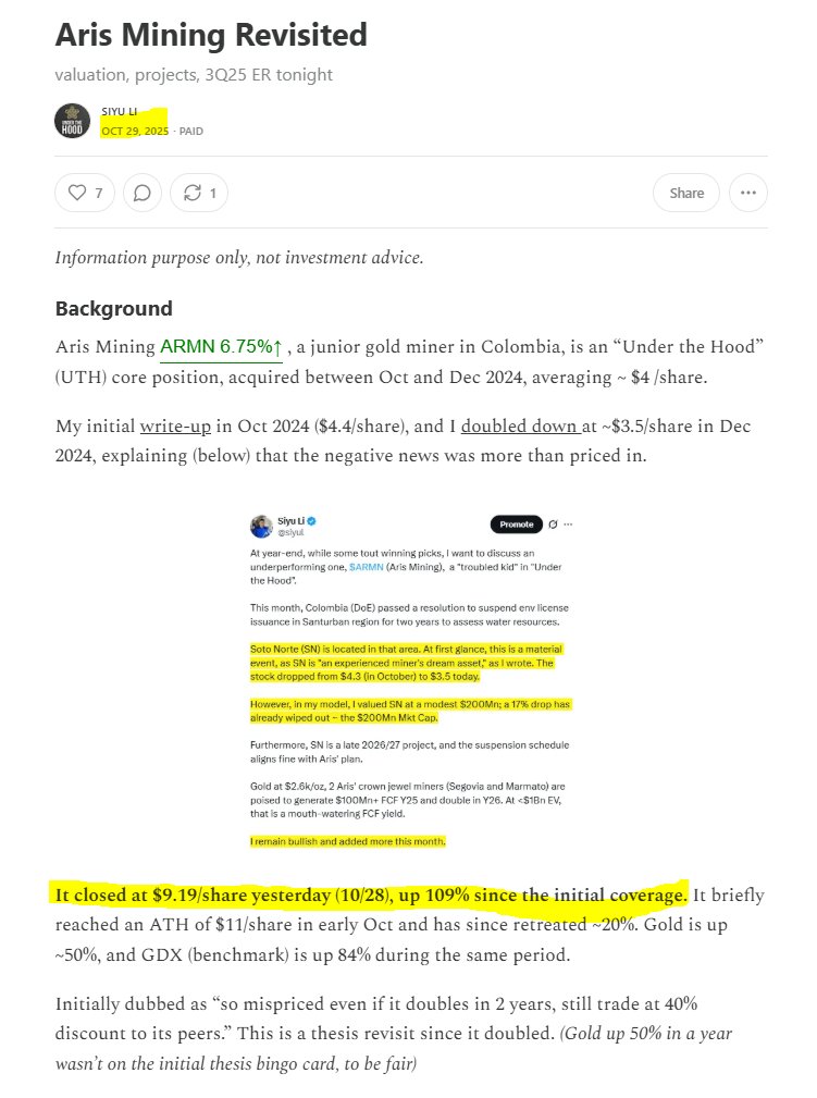 siyul's tweet image. Aris Mining $ARMN $ARIS.TO up another 50% since the Oct revisit, making it the 3rd 3x+ bagger (Other 2 are $DB $USAS) from UTH in the last 18 months.

I'm excited about the next writeups: a key player in a decade-long growing sector, facing temporary uncertainty, trading at a…