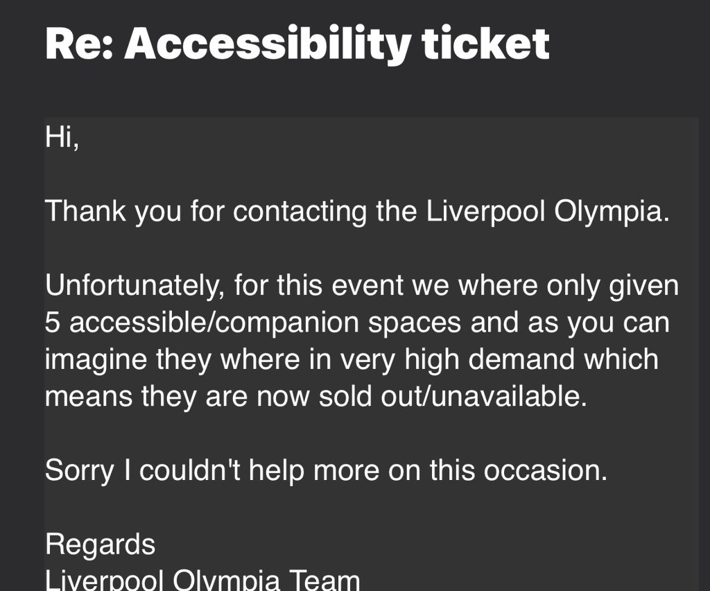 Lesleyincity's tweet image. Out of 1,200 tickets just 5 allocated to accessible. Absolutely disgusting. #disabilityproblems #nimbus #RobbieWilliams #deaf #MentalHealthAwareness #MentalHealthAwareness #pip #bipolar