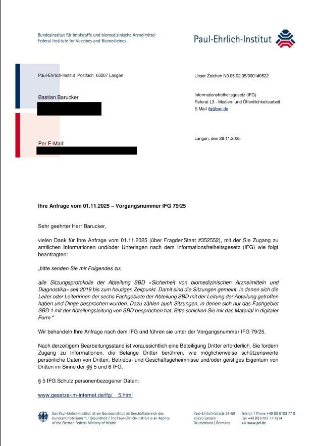 Es geht weiter: Nachdem das Paul-Ehrlich-Institut behauptet hat, dass der Fachbereich Pharmakovigilanz, der u.a. die Impfstoffsicherheit überwacht, mehr als drei Jahre lang kein einziges Protokoll angefertigt hat, fordere ich nun alle Sitzungsprotokolle der Abteilung „Sicherheit